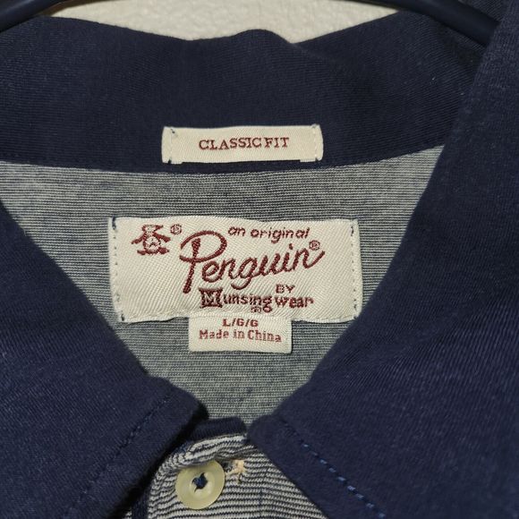 Penguin Munsingwear Polo Navy Blue Striped Short Sleeve Collared‎ Men's Size L - Picture 3 of 3